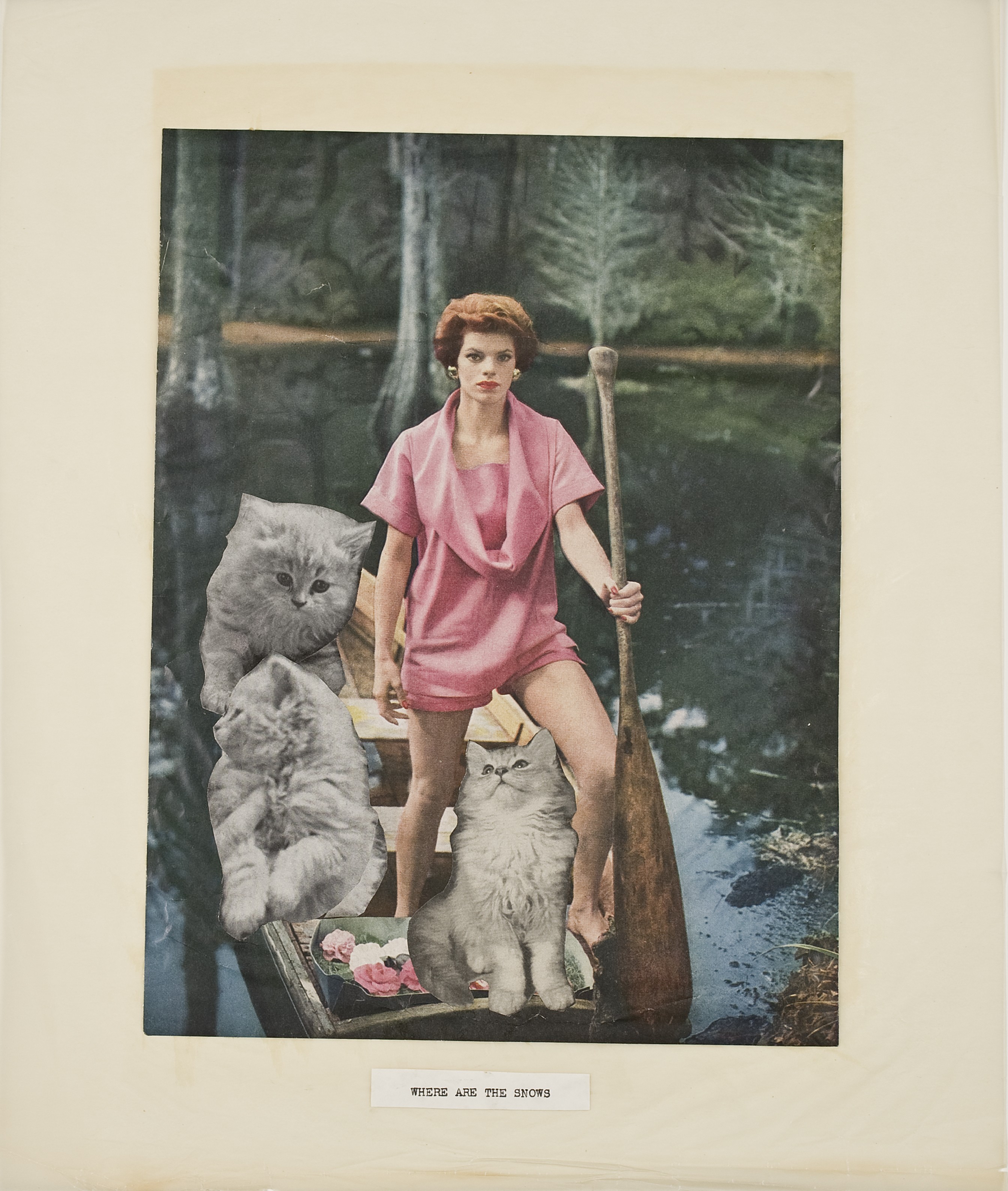 A woman in a pink romper stands at the front of a canoe holding a paddle as if it were a scepter, with a view of a wooded lake behind her. Pasted into the canoe are three gray cats. At the bottom, the words "WHERE ARE THE SNOWS."