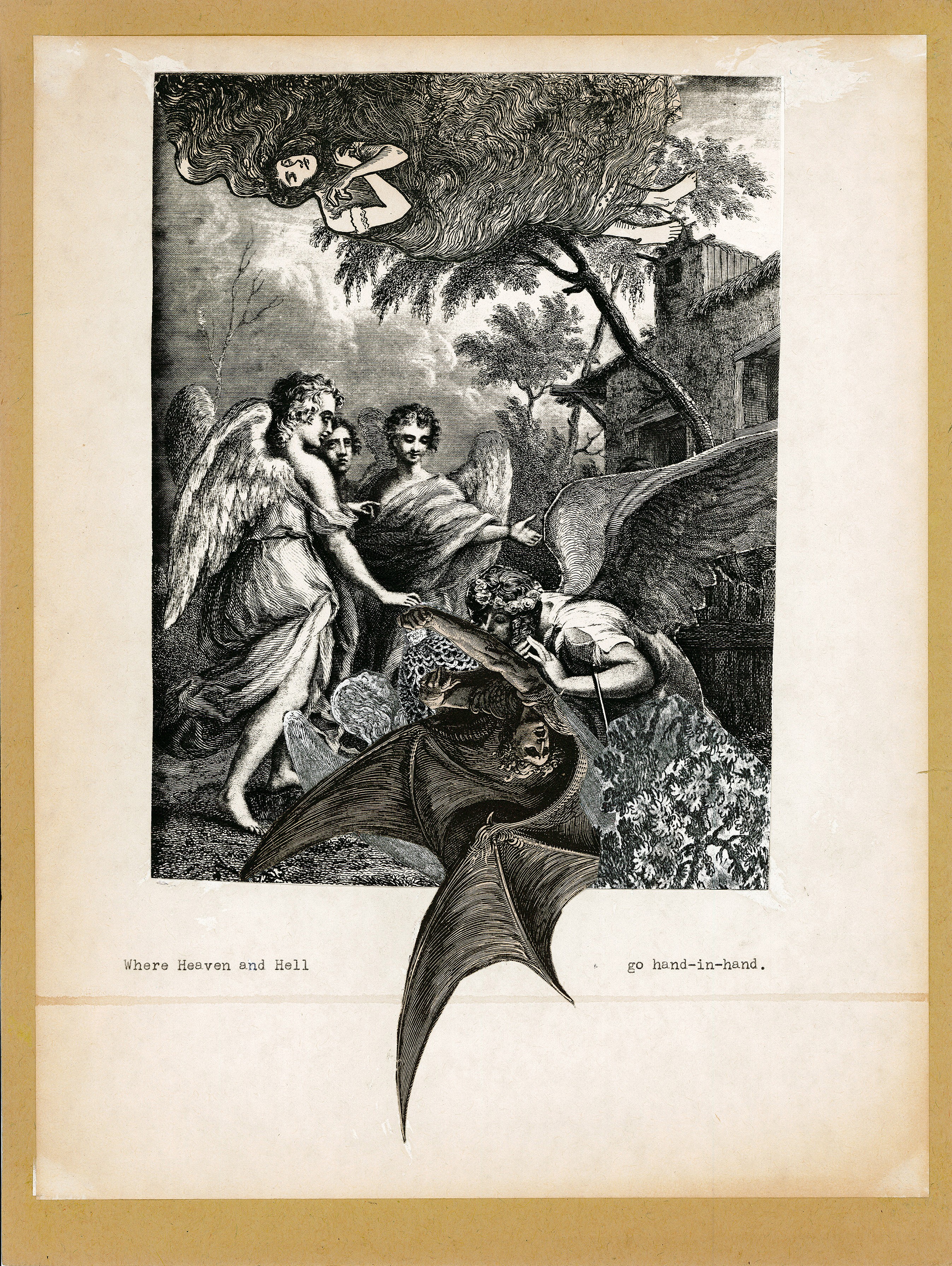 Several harpies on the ground, with one harpy pasted on top that breaks the rectangular frame at the bottom. Below, the words "Where Heaven and Hell go hand-in-hand."