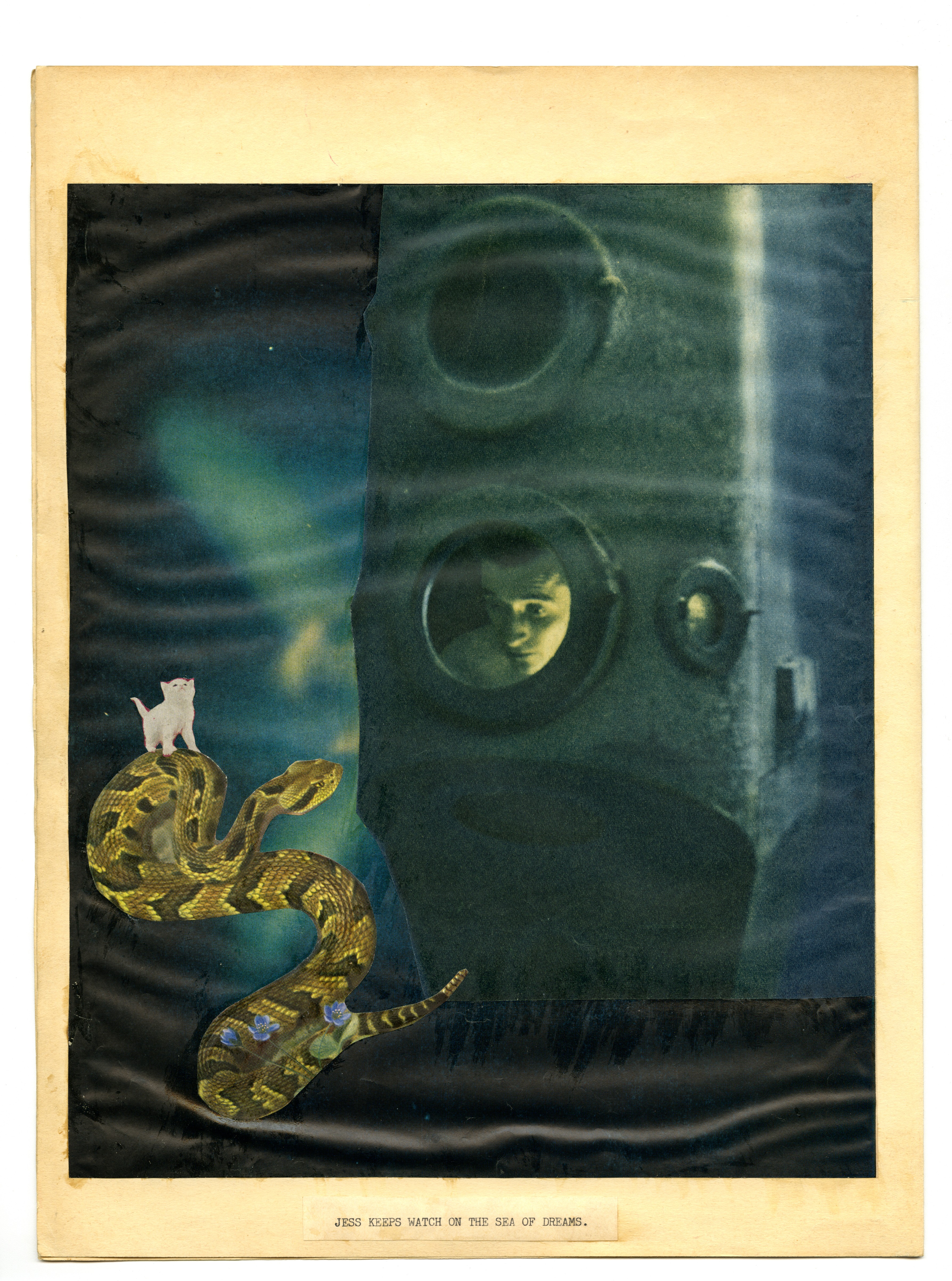 A man looks out of a submarine into the ocean, with a small white cat riding a snake in the water. At the bottom, the words "JESS KEEPS WATCH OF THE SEA OF DREAMS."