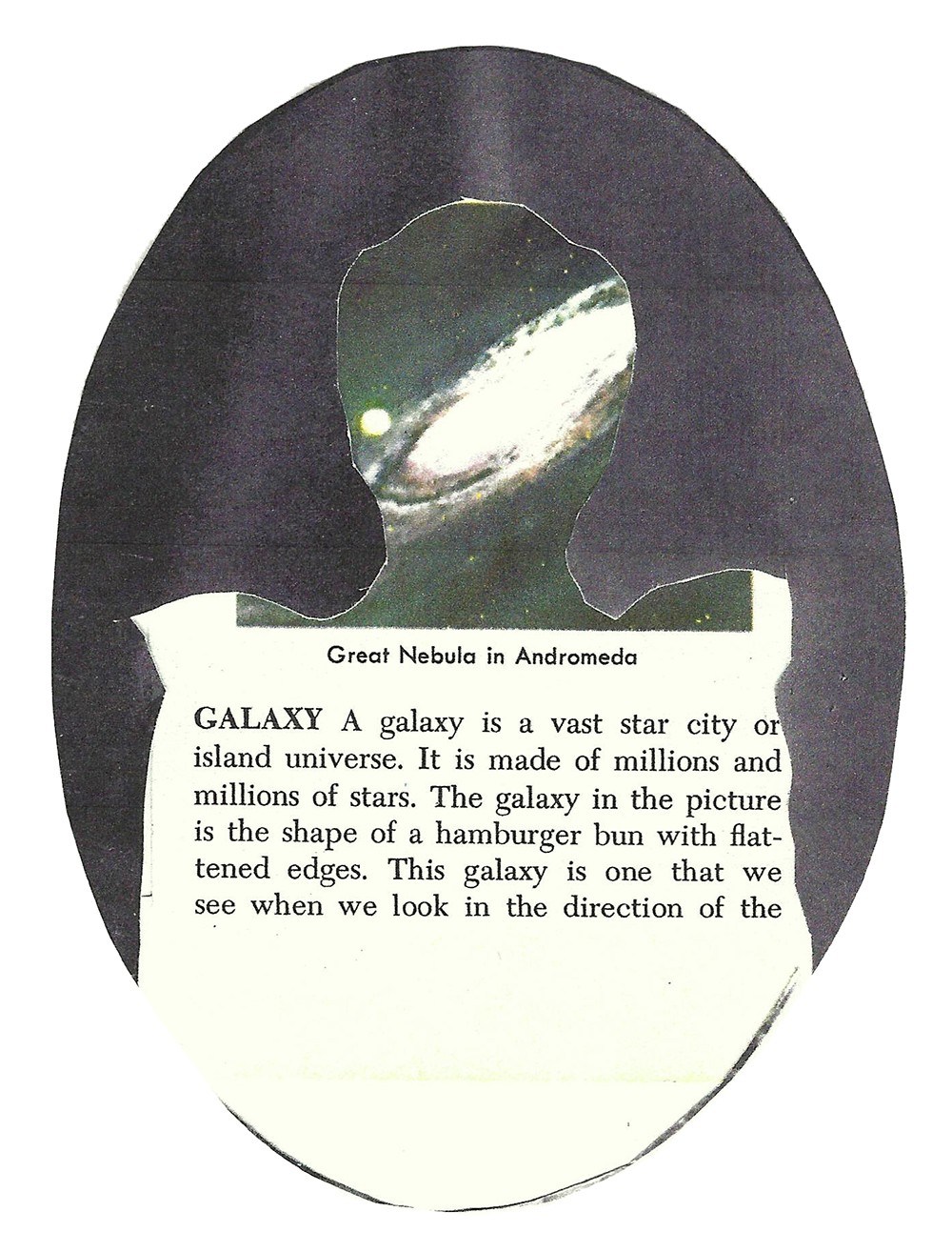 Collage of a cut-out silhouette and text explaining the term "galaxy."