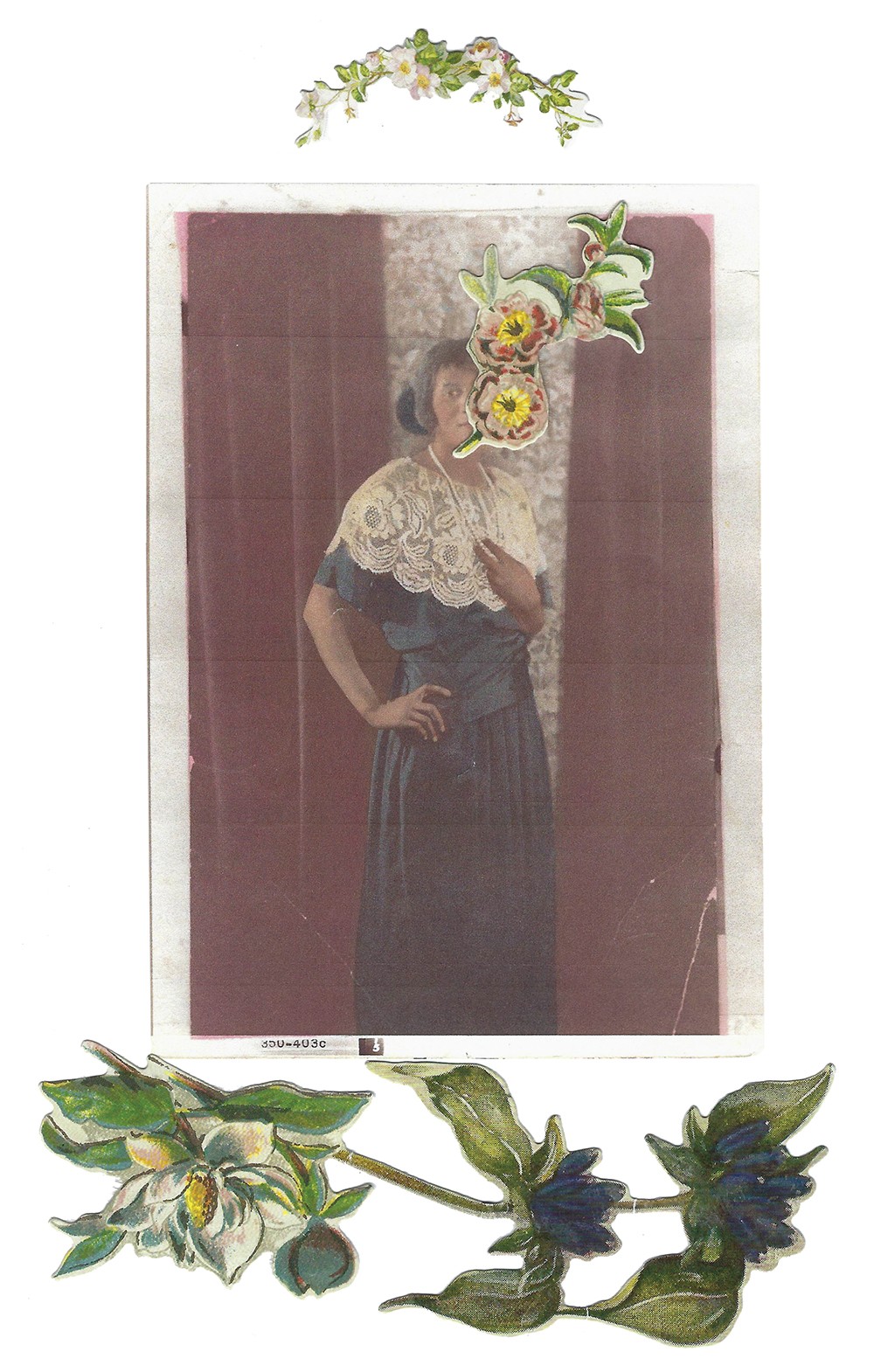 Collage of a woman wearing a lace dress and pearls, with cut-out flowers overlaid.