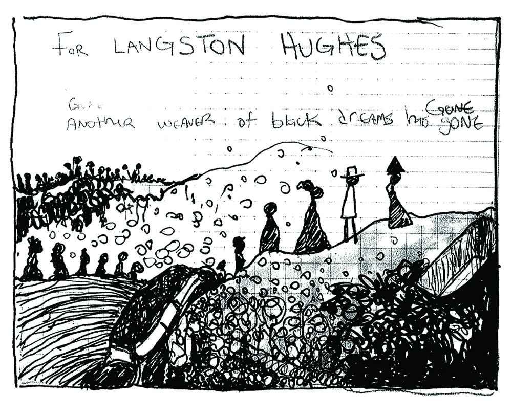 B&W one panel drawing of people walking up a hill, with handwritten words.