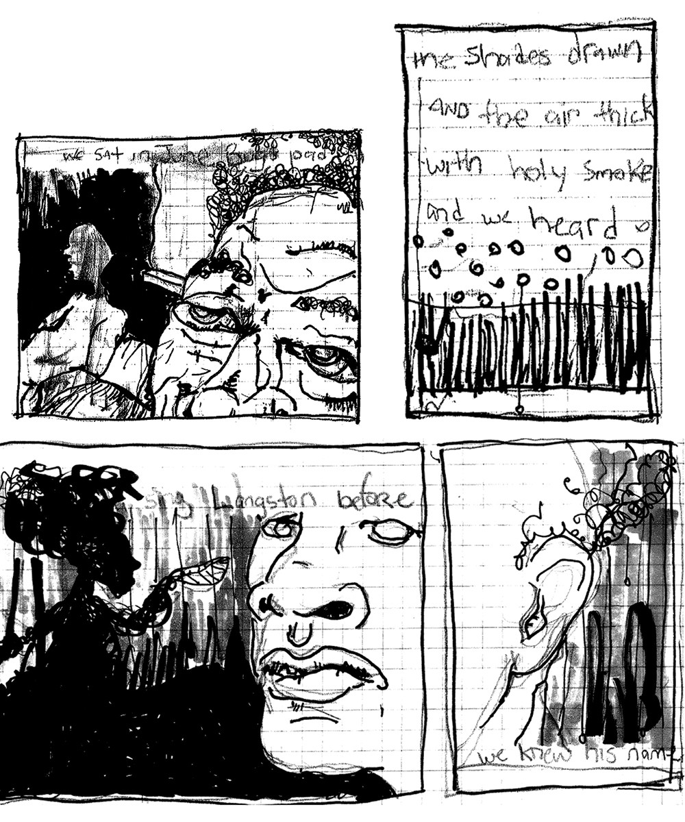 B&W four panel drawing of two faces and handwritten words.