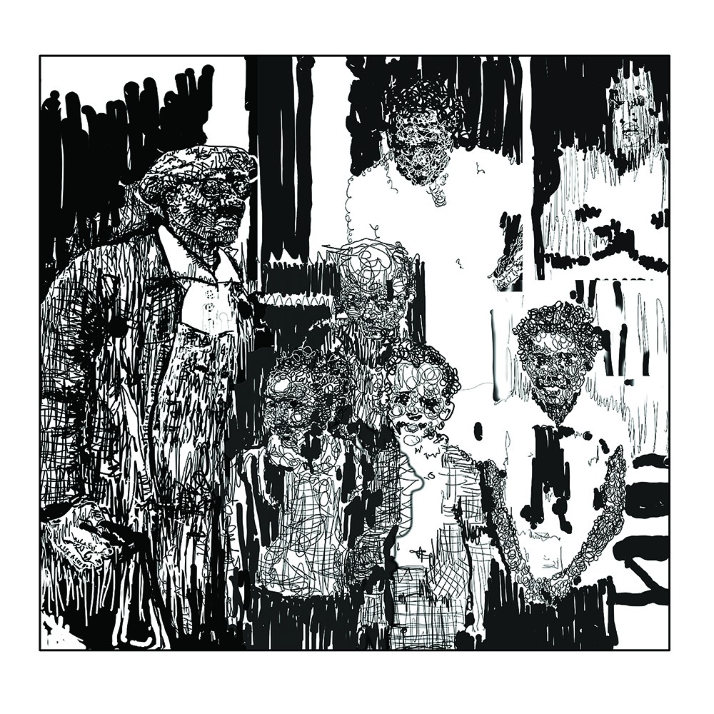 B&W drawing of a family portrait
