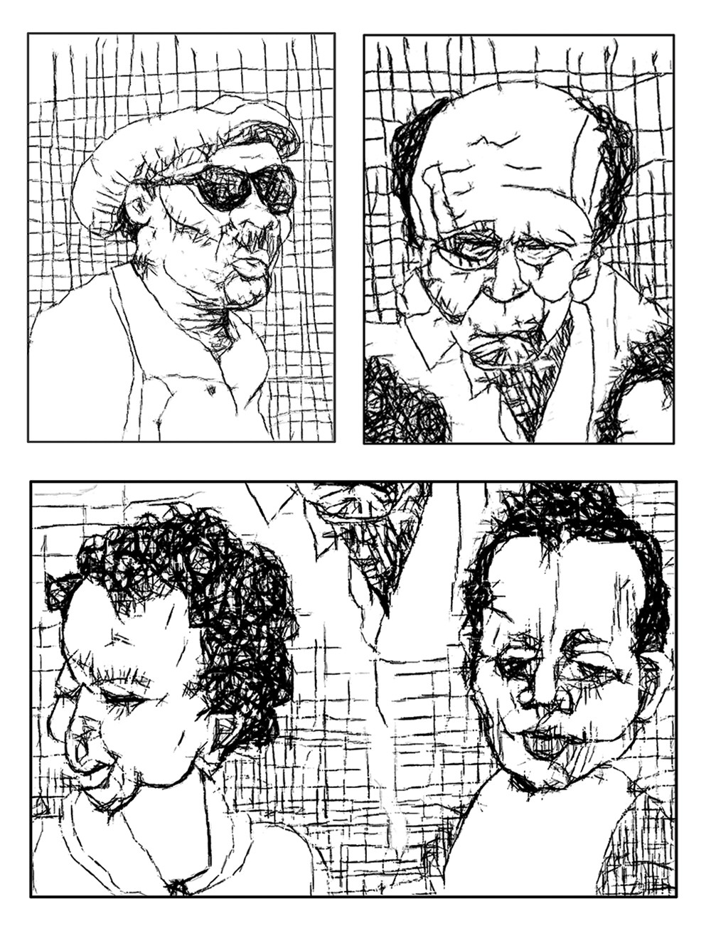 B&W three panel drawing of two men and two girls.