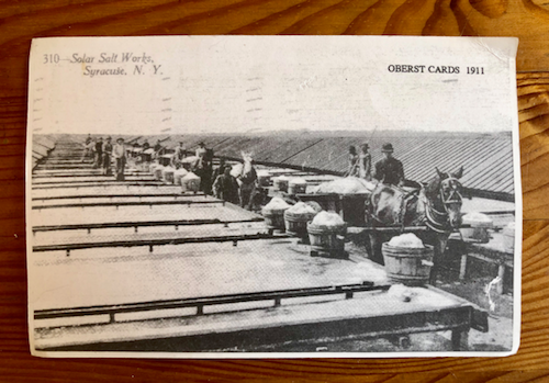 Old postcard showing salt workers drying salt water from Onondaga Lake.