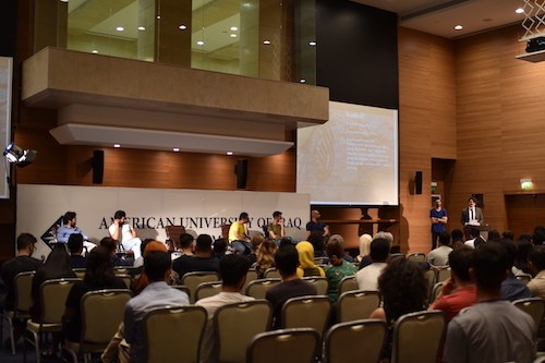 Poet Zêdan Xelef and translator David Shook read for a receptive audience. Photo by Savan Ako.