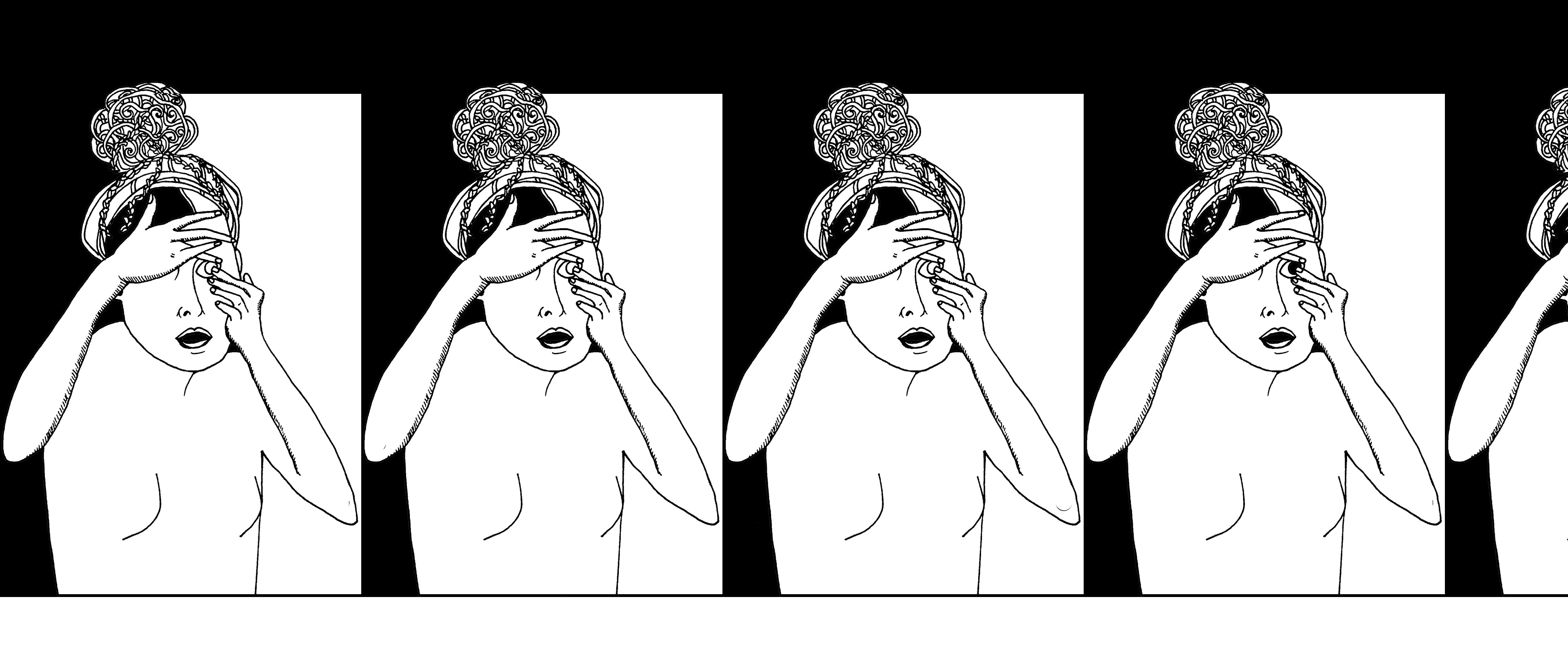 A black and white illustration of a woman who is touching her finger to her eyeball as if to place in a contact. The image repeats 3.5 times across the page. The background is black, with a white rectangle behind each repetition of the woman.