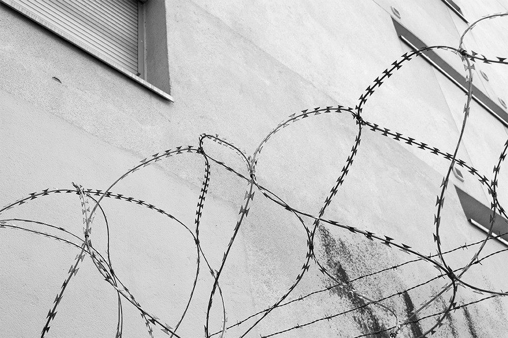 Photograph of graffiti behind razor wire.