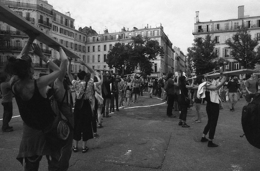 Protest after building collapse in Marseille, France.