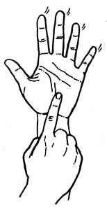 An illustration of an ASL sign. A left hand is open, palm facing forward. A right hand uses an index finger to point or touch the center of the palm.