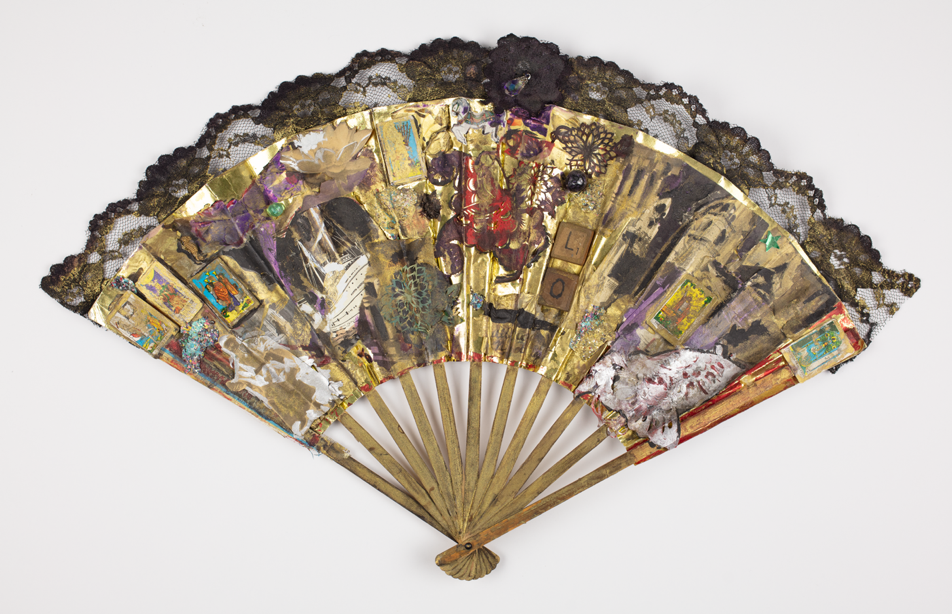 Alice Notley collage fan artwork, gold with black lace trim.