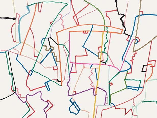 Abstract art by Aram Saroyan. multi color lines on cream paper. All works are untitled, 2019, lightfast markers on paper, 18 × 24 inches