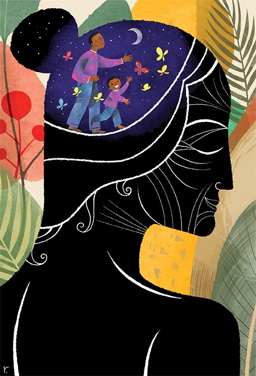 illustration of a black silhouette of a woman in front of a colorful landscape of palm leaves and other tree silhouettes. In her head is a depiction of a man and his son surrounded by starlight and butterflies with a crescent moon.