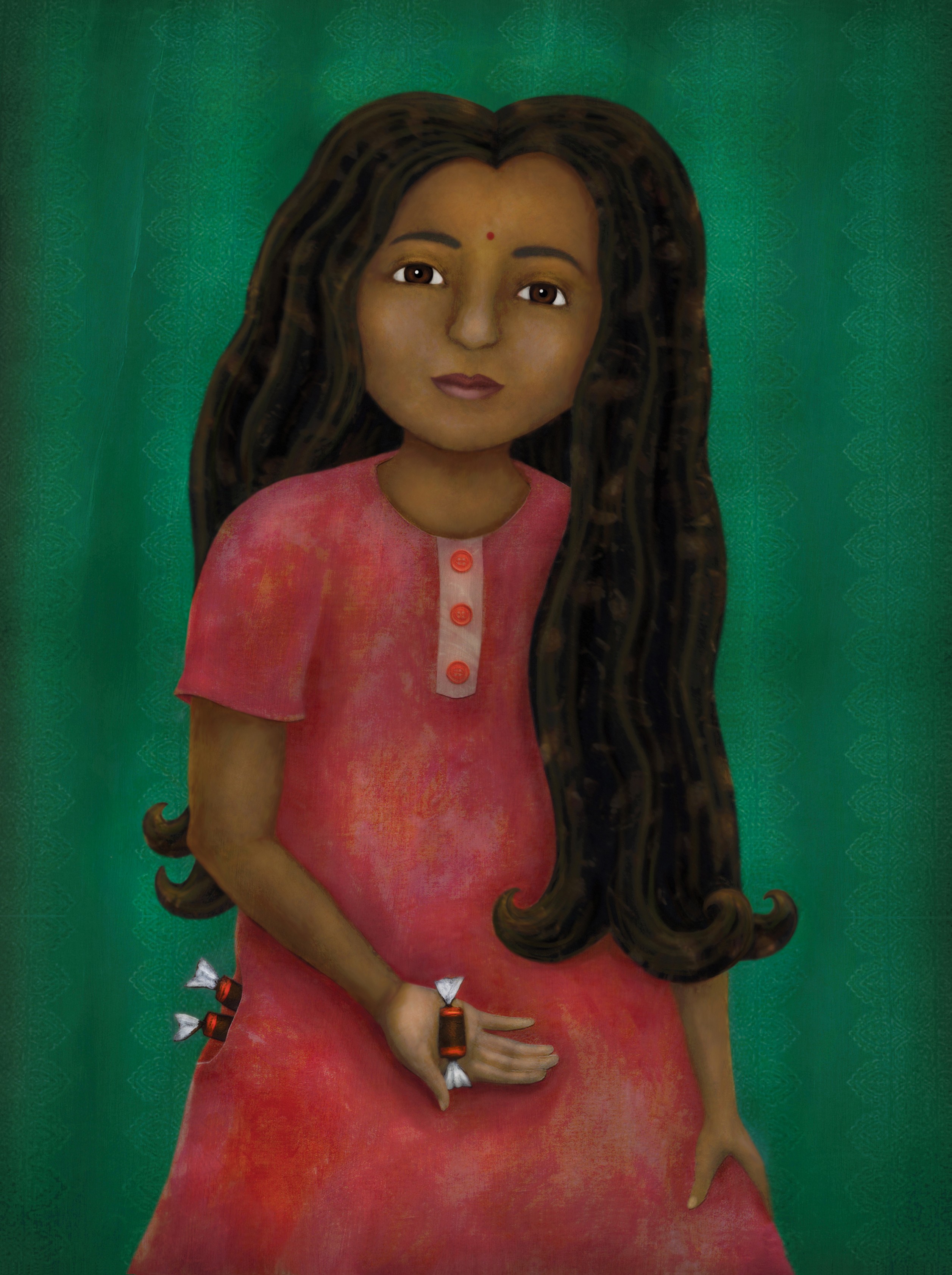 Illustration by Lisa Desimini of a young girl in a red dress in front of a green background holding a tootsie roll and has two others sticking out of her left pocket.
