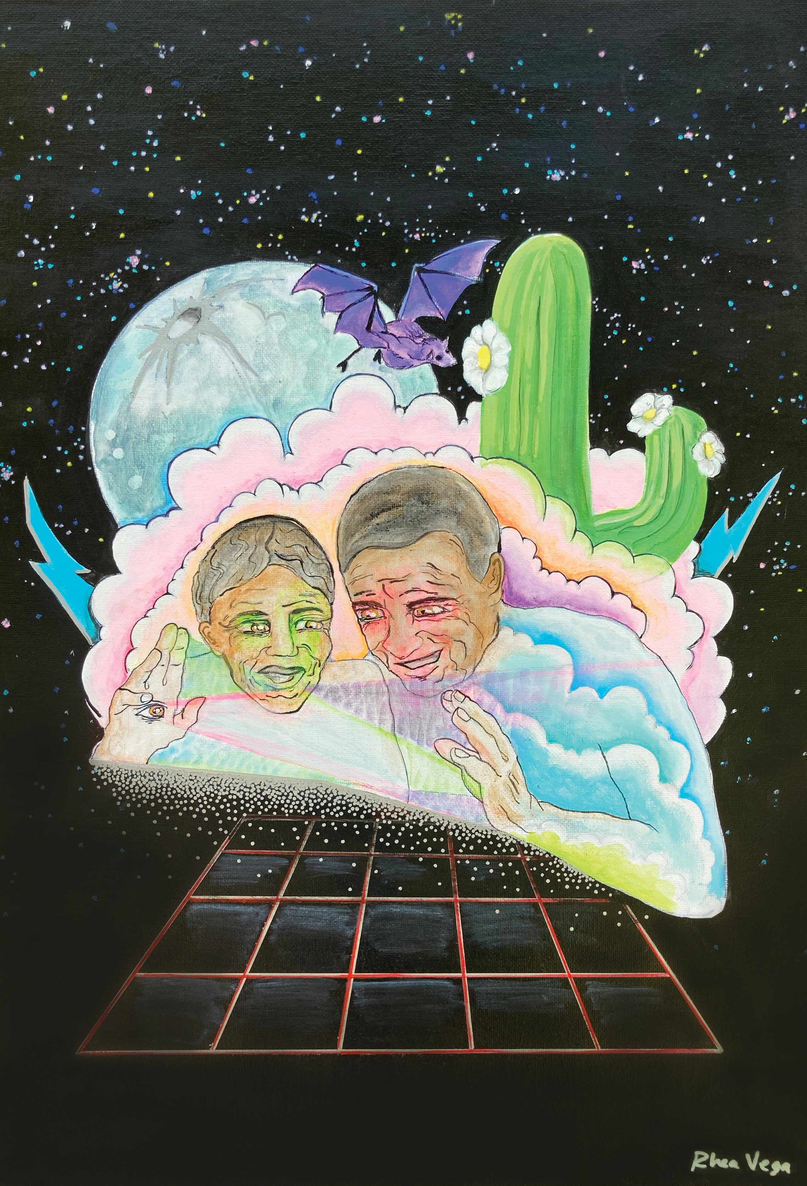 Illustration by Rhea Vega. Two older Black people face each other on a background of stars, clouds, and a flowering cactus. They appear to hover over a grid.