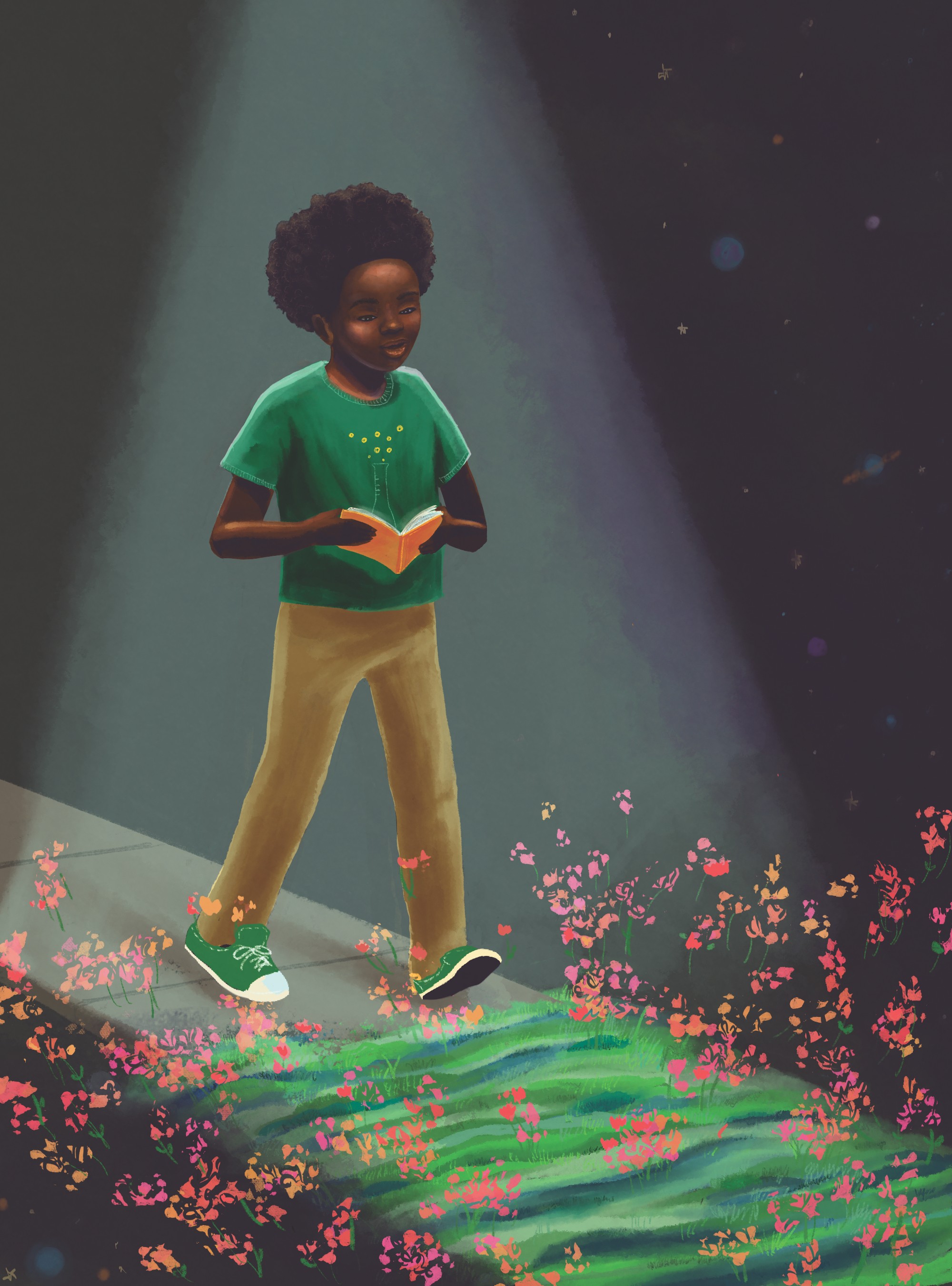 Illustration of a Black youth in a green t-shirt walking with an orange book in her hands. The background is black with flowers on the forefront.
