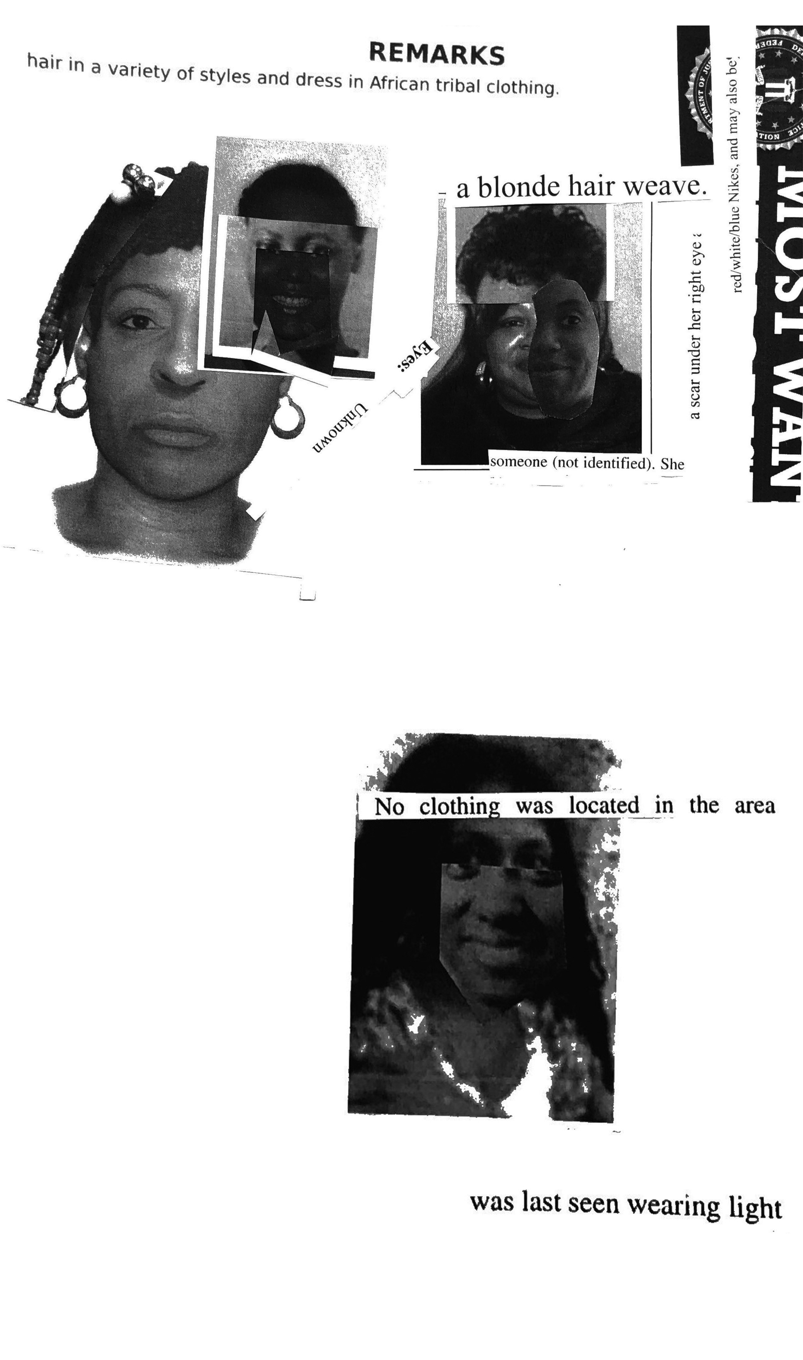 Collage composed of B&W descriptions and photographs of Black women and girls found on police missing flyers and the FBI’s Most Wanted list.