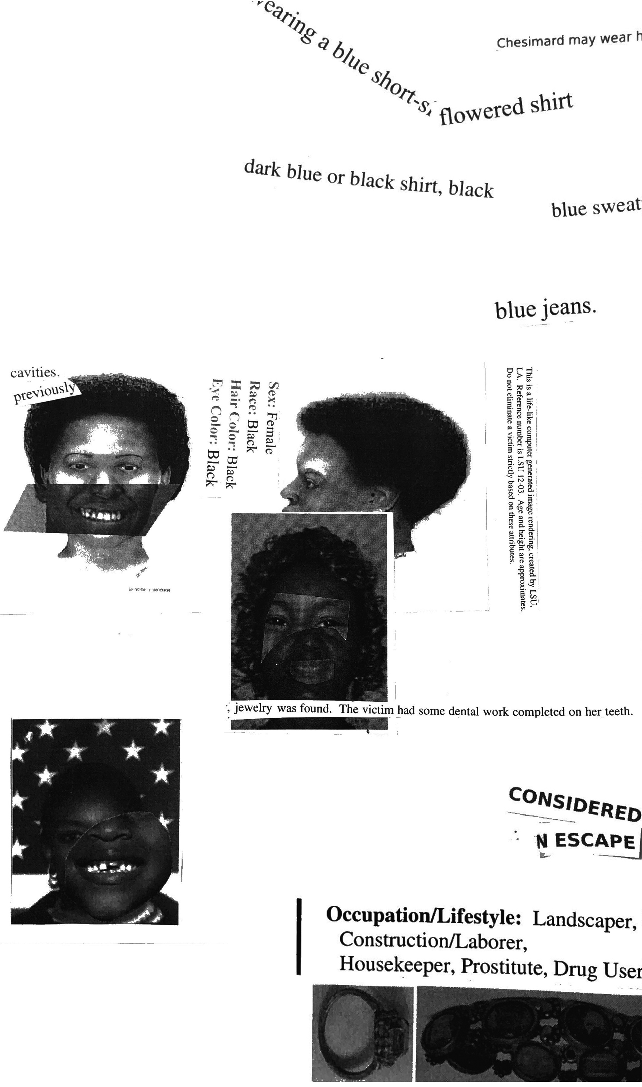 Collage composed of black and white text descriptions and photographs of Black women and girls found on police missing flyers and the FBI’s Most Wanted list.