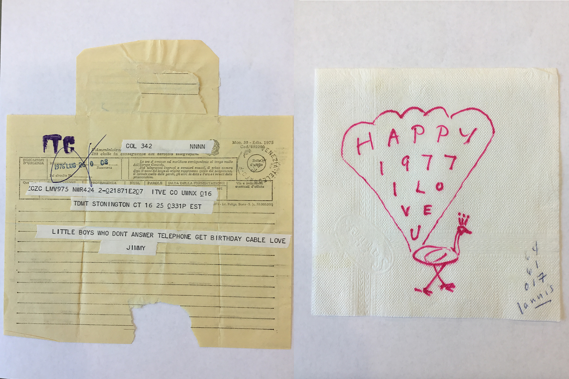Photographs of two archival items, an envelope and a napkin, from James Merrill's papers.