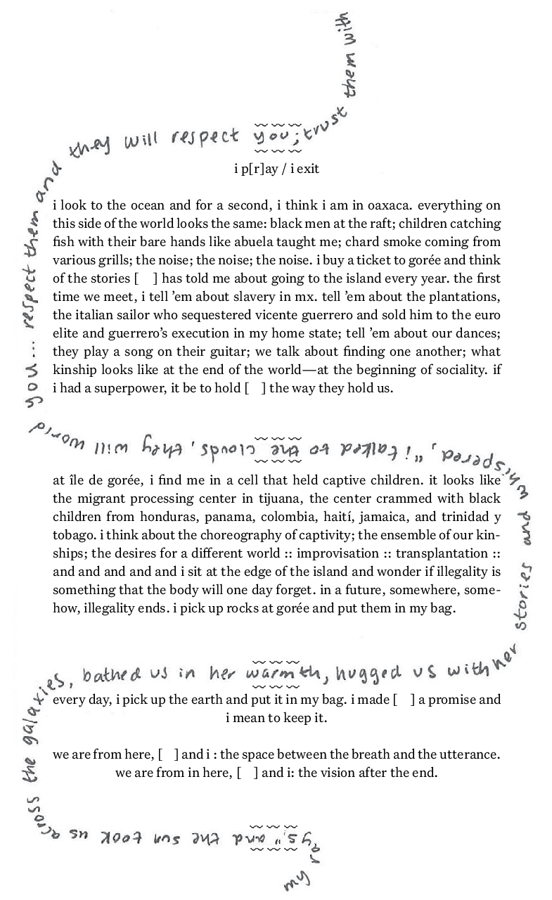 Lineated, typed poem with additional handwritten text that swirls up from the end of the poem back to near the beginning.