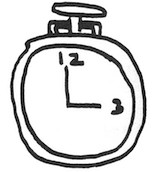 A simple drawing of a watch with one hand pointed at 12 and one at 3