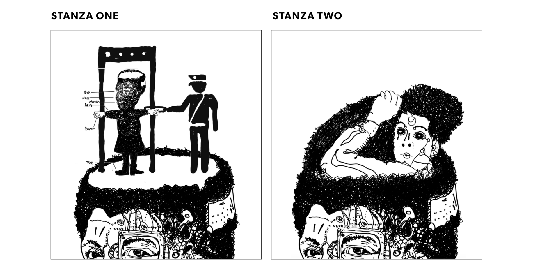 Drawings: Stanza 1 is the top of Octavia Butler’s head with a smaller version of the drawing held by a cop. Stanza 2 is a person climbing out of the head.