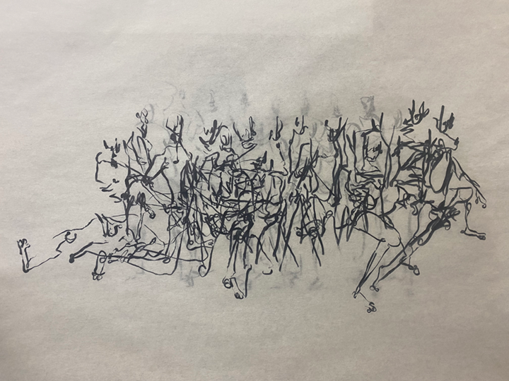 An ink drawing of many figures on tracing paper