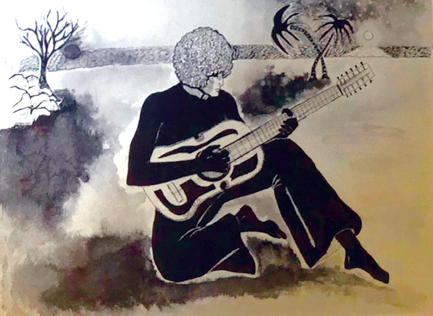 Drawing of a person with curly hair playing a guitar while sitting on a beach or desert