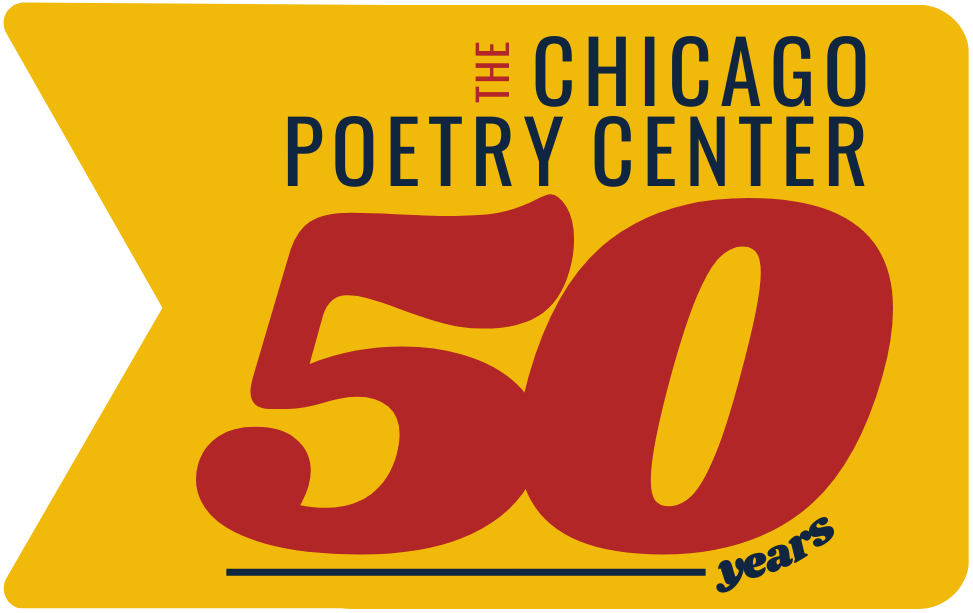 A yellow banner with "The Chicago Poetry Center 50 years" written on it