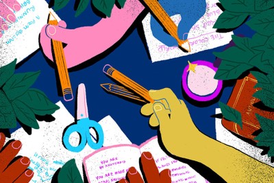 Colorful illustration of hands drawing and writing with stationary lying around