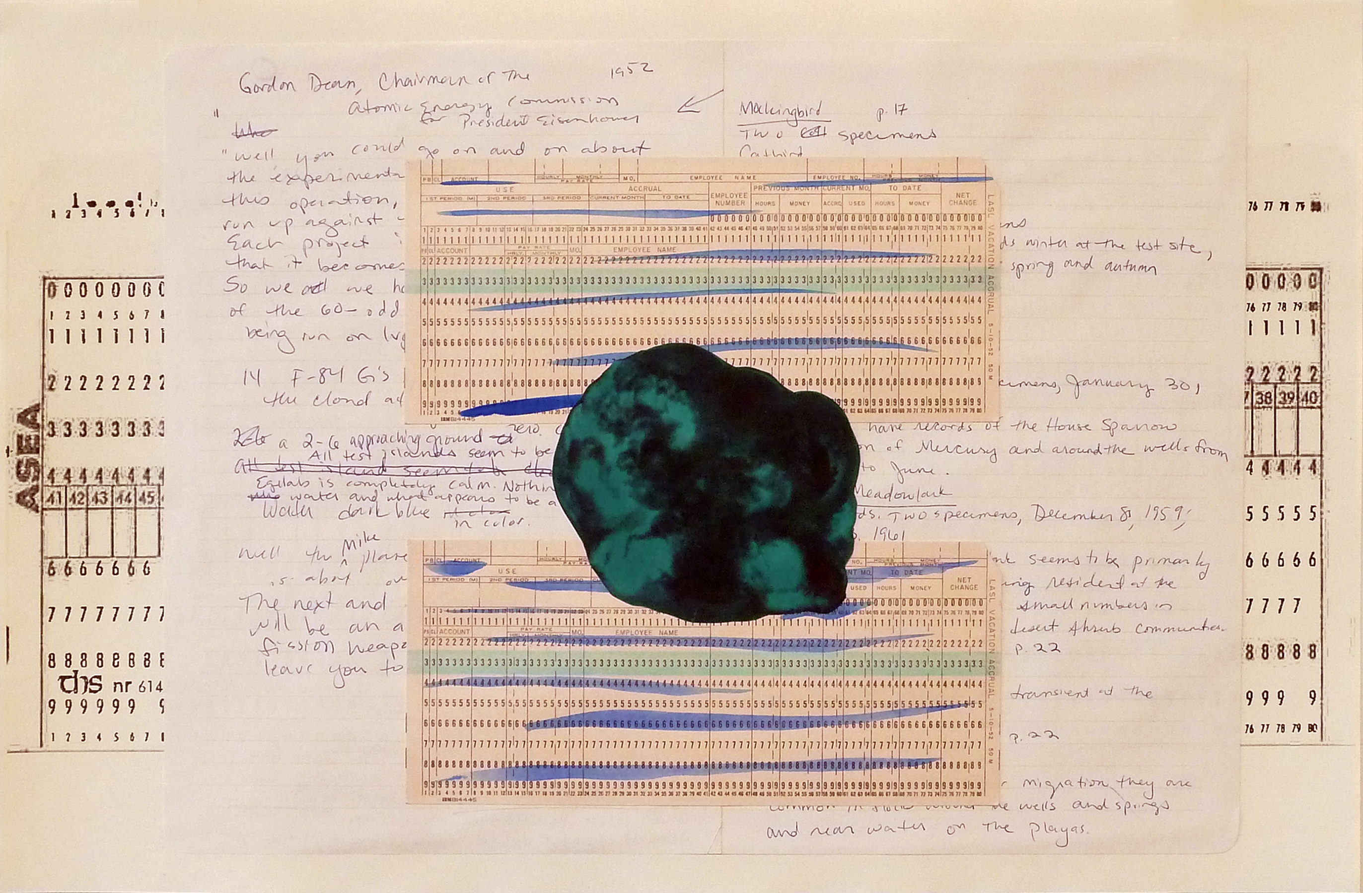 Atomic cloud pasted on top of punch cards and handwritten blue text.