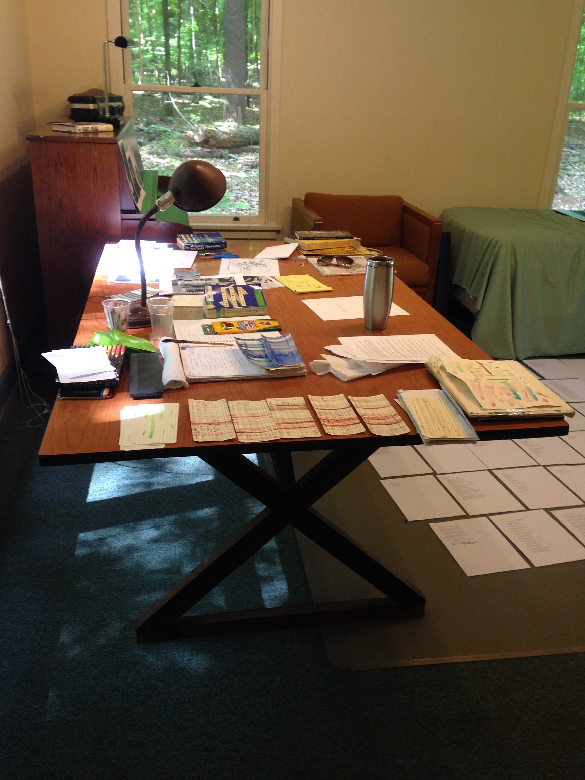 Papers, punch cards, and other materials laid out on a table. A leafy green forest on view through the far window.