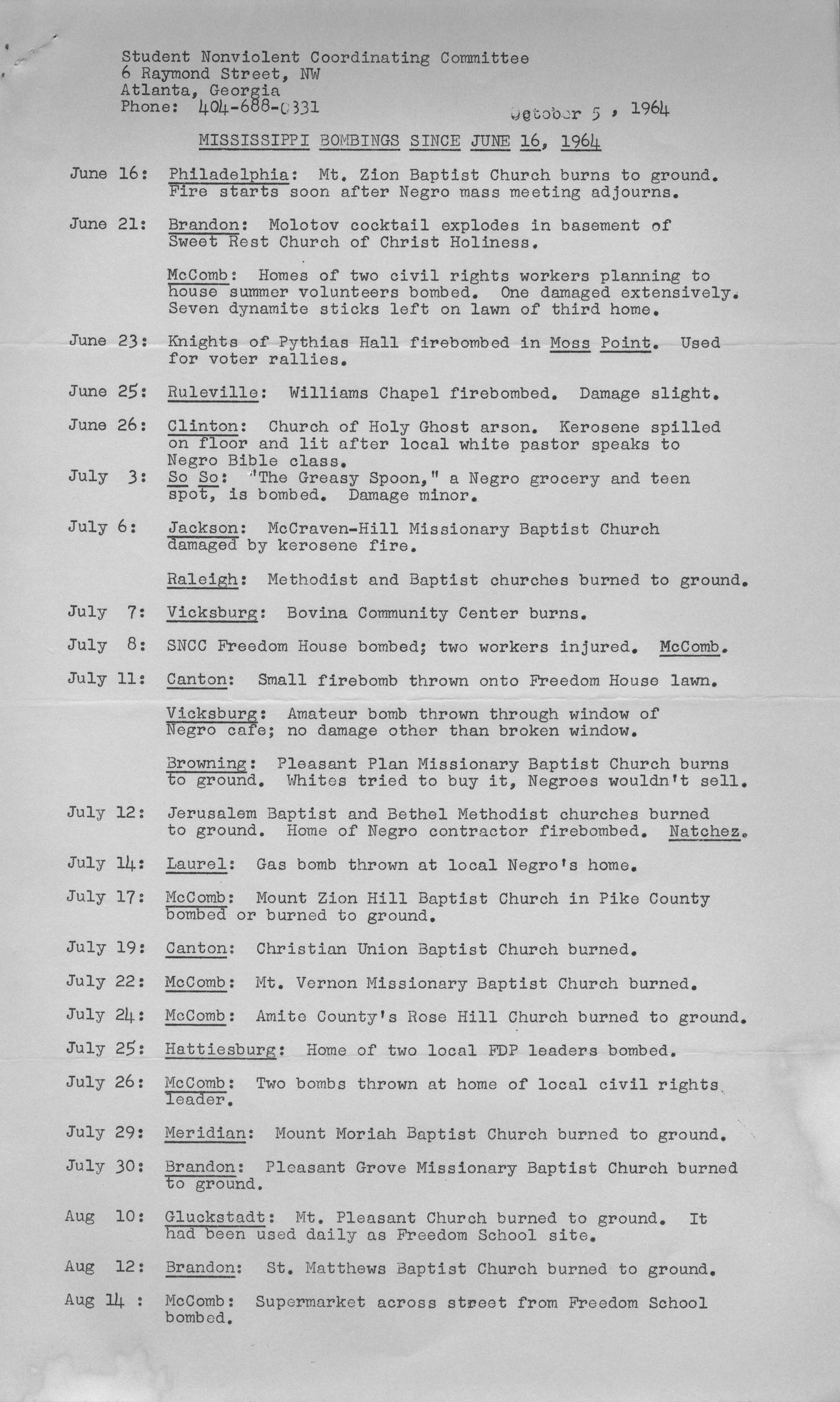 Student Nonviolent Coordinating Committee, October 1964 list of African American church burnings