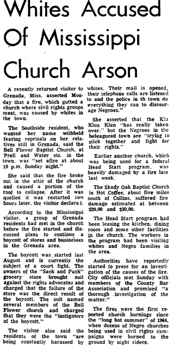 "Whites Accused of Mississippi Church Arson" headline, newspaper clipping.
