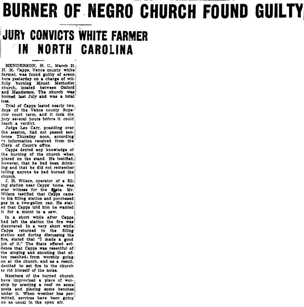 "Burner of Negro Church Found Guilty" headline, newspaper clipping.