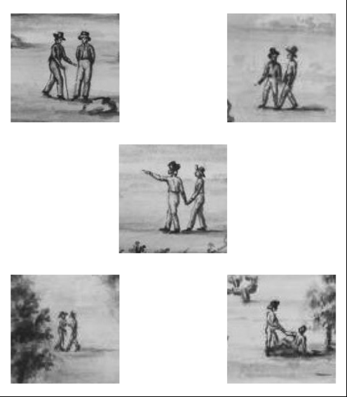 5 drawings from Juan Luis Berlandier, 1828. Men in the desert walking hand in hand.