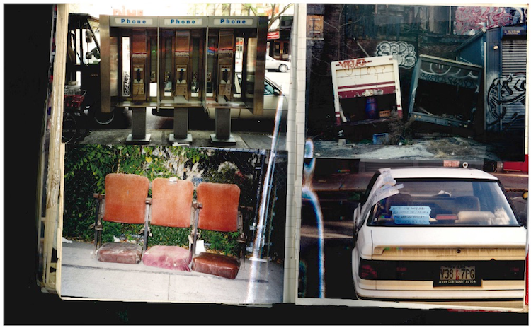 Clockwise from the left, phone booths, lot connected to squat, car broken into after 9-11, theater chairs circa late 19th century.