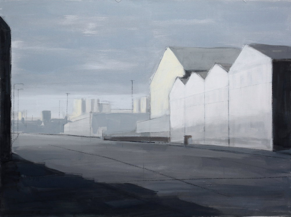 Painting by Katarzyna Coleman. Industrial landscape, warehouses, grey sky.