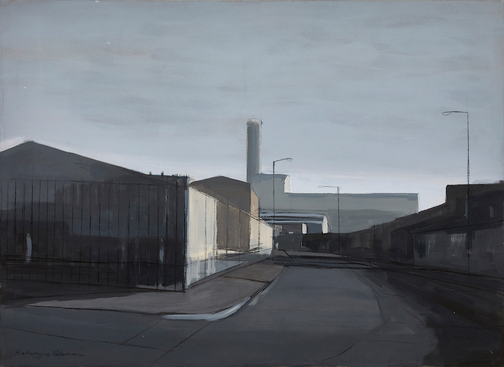 Painting by Katarzyna Coleman. Industrial landscape with grey sky.