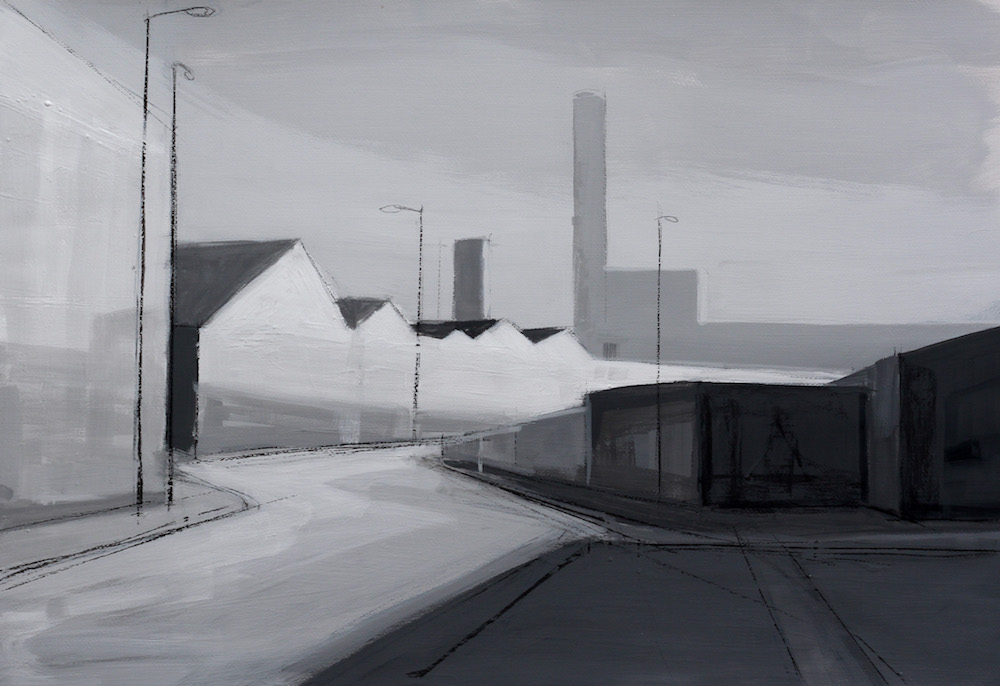 Painting by Katarzyna Coleman. Black and white industrial landscape.