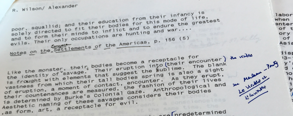Ronaldo Wilson student paper with Meena Alexander notes in the margins.
