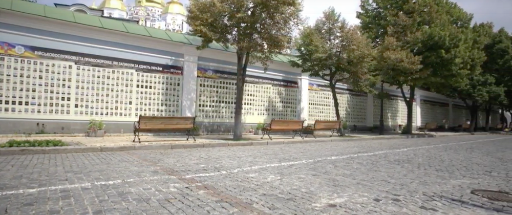 Portraits of those killed fighting in the East of Ukraine, in front of Mykhailivsky Golden-Domed Monastery.