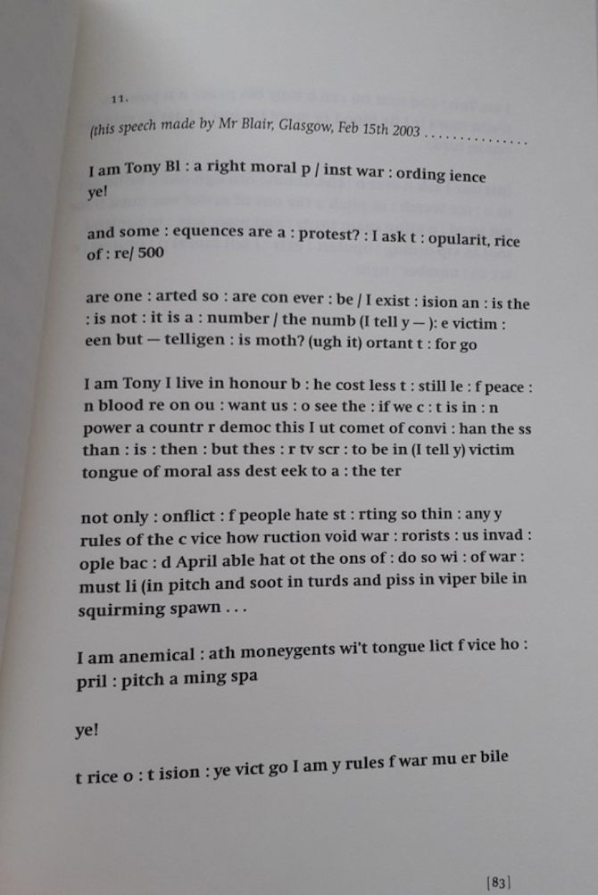 Image of Sean Bonney poem, a cut of a Tony Blair speech