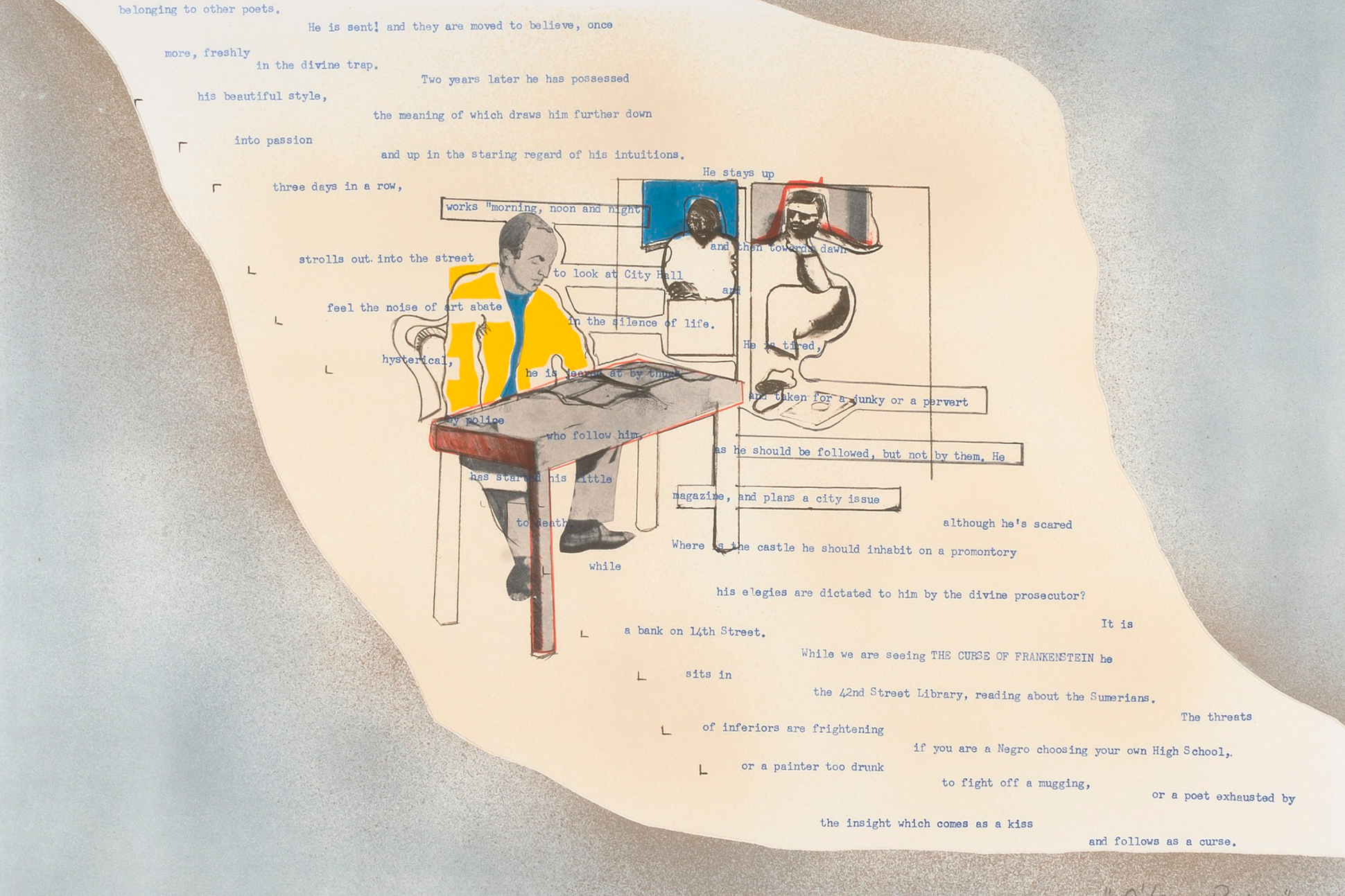 Collage of Frank O'Hara reading at a desk.