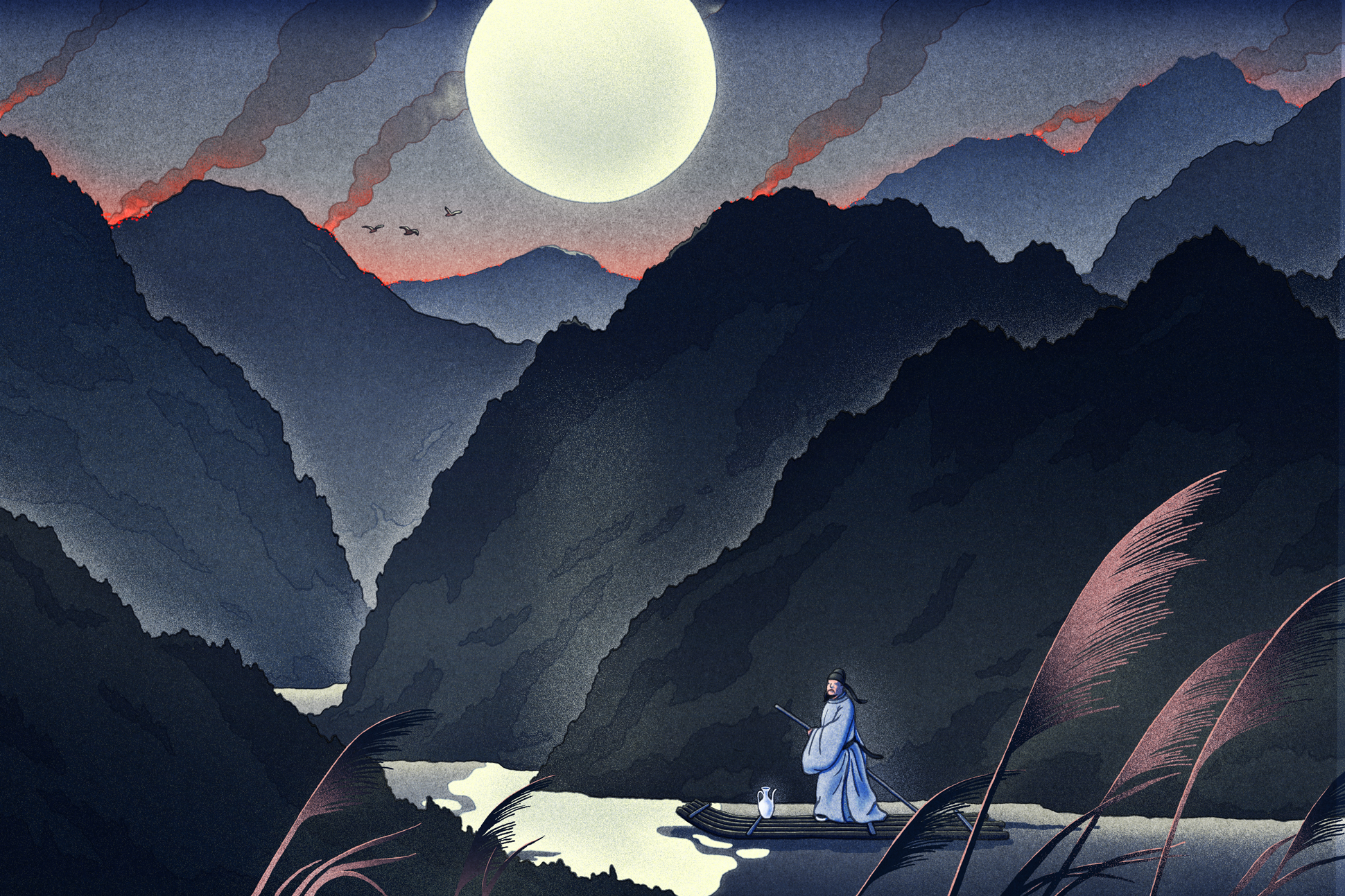 A man rows a boat down a river on a moonlit night. Mountains and smoke rise in the background.