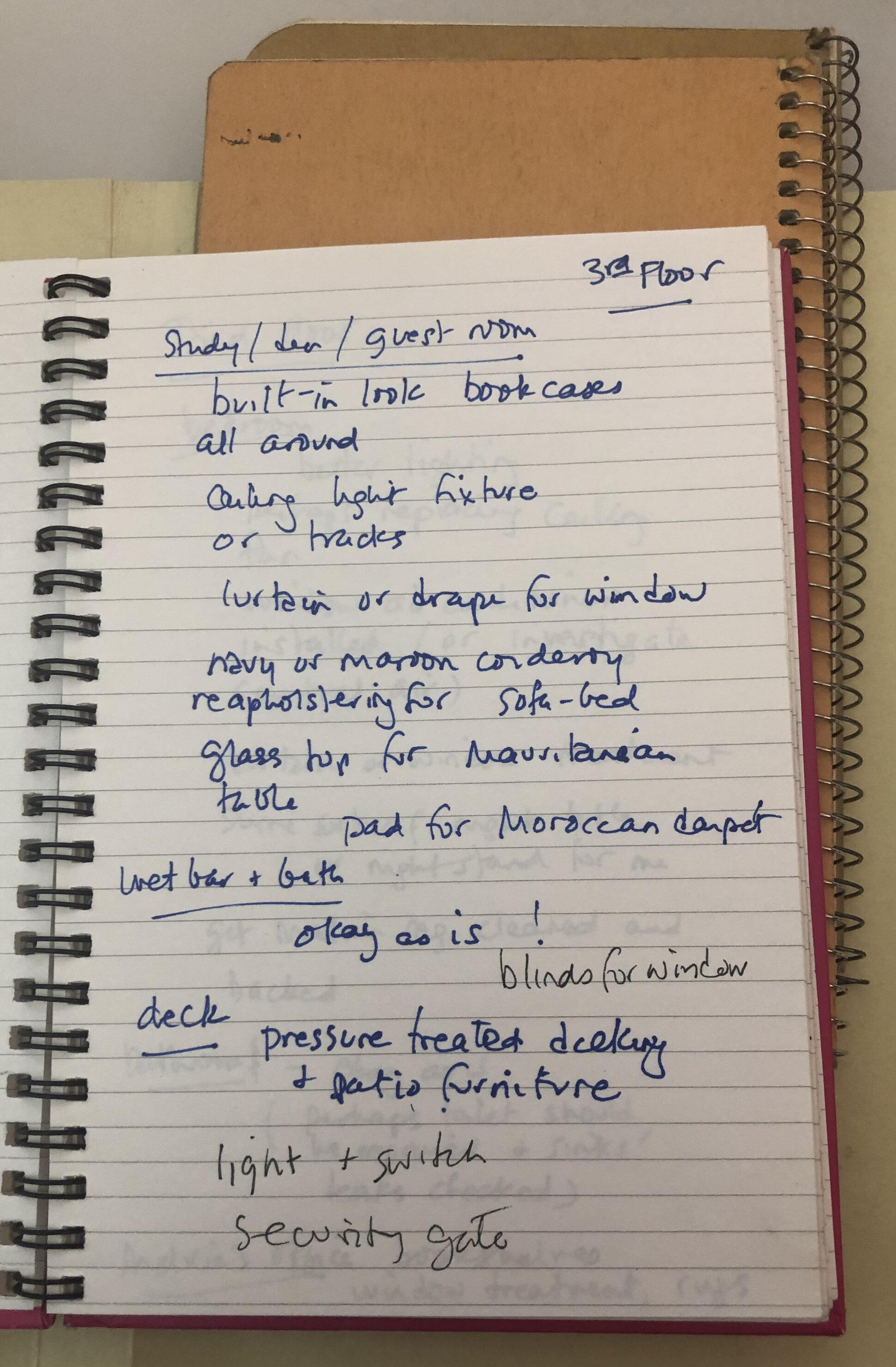 Handwritten list including study/den/guest room, wet bar and bath, and deck. A note in the top right says 3rd floor