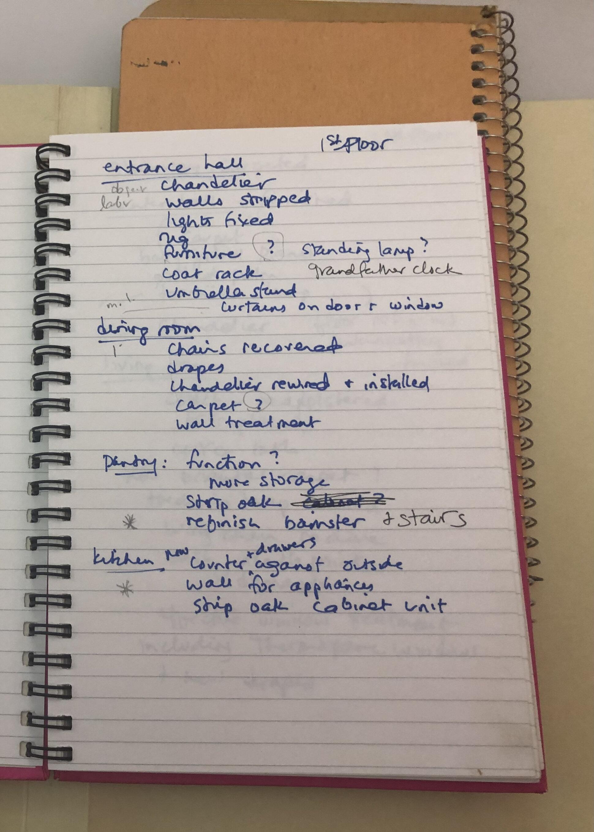 Handwritten list including entrance hall, dining room, pantry, and kitchen. A note in the top right says 1st floor